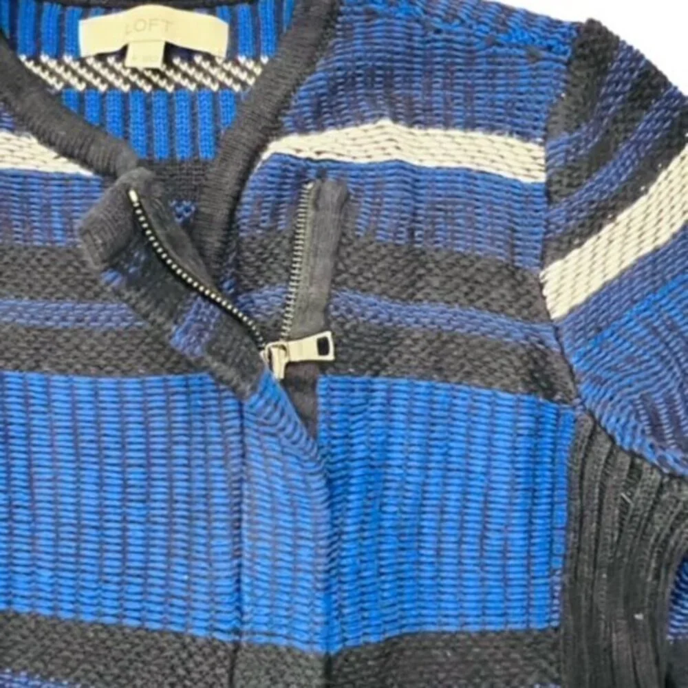 LOFT Womens Striped SOFT Knit MOTO Jacket Asymmetrical Zip Blue Black CITY‎ EUC